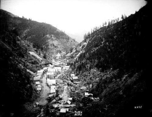 A historic black-and-white photo of a mountainous valley with small buildings and trees, depicting a mining town.