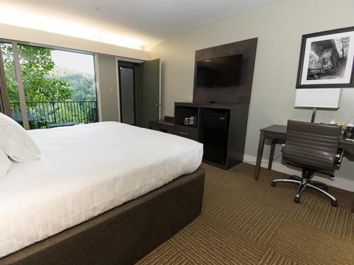 A modern hotel room featuring a bed, desk, TV, and balcony with a view of greenery outside.