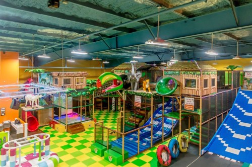 Colorful indoor play area with jungle-themed structures, slides, and climbing features for children.