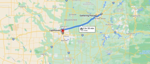 Map showing a route from Lighthouse to Gathering Place, with a travel time of 2 hours and 33 minutes over 147 miles.