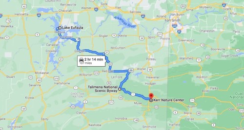 Map showing a route from Lake Eufaula to Kerr Nature Center via Talimena National Scenic Byway, covering 107 miles.