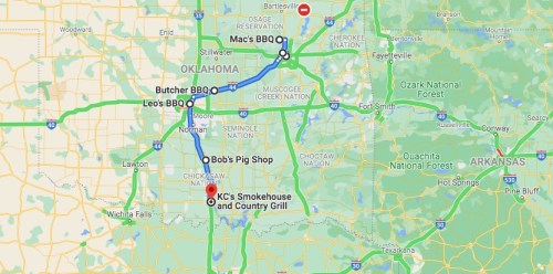 Map highlighting BBQ restaurants in Oklahoma, including Mac's BBQ, Leo's BBQ, and KC's Smokehouse.