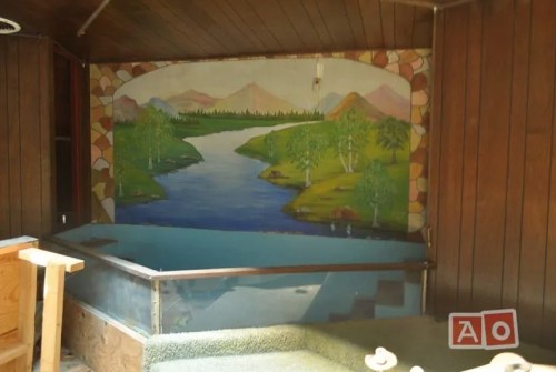 A mural of a serene landscape with a river and mountains, displayed on a wooden wall in a cozy interior space.