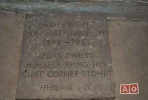 Stone plaque for Hopewell Baptist Church, 1898-1951, with a biblical inscription from Ephesians 2:20.