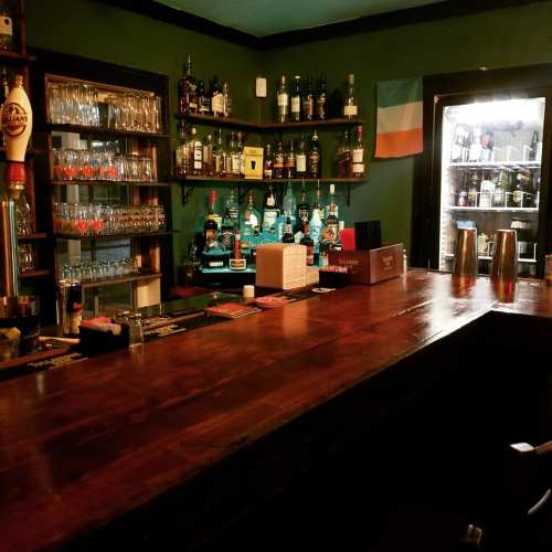 A cozy bar with a wooden counter, shelves of liquor, and a fridge, set against green walls and an Irish flag.