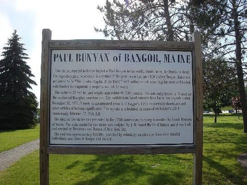 Sign about Paul Bunyan of Bangor, Maine, detailing his history and significance in local culture and folklore.