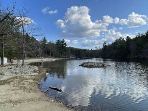 A serene lake surrounded by trees and rocky shores, with fluffy clouds in a blue sky reflecting on the water.