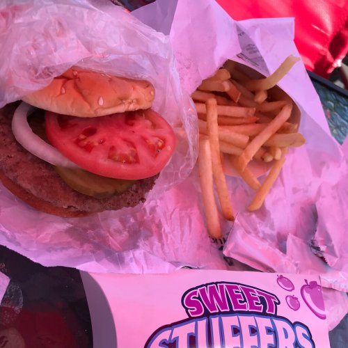 A burger with lettuce, tomato, and pickles next to a serving of French fries, all wrapped in paper.