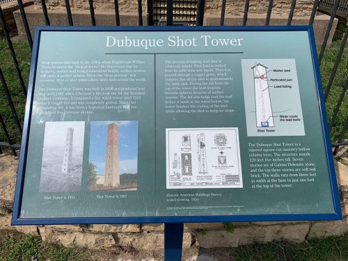 Sign about the Dubuque Shot Tower, detailing its history and construction, with images of the tower from 1904 and 2009.