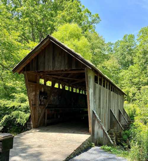 A rustic wooden covered bridge surrounded by lush green trees under a clear blue sky.