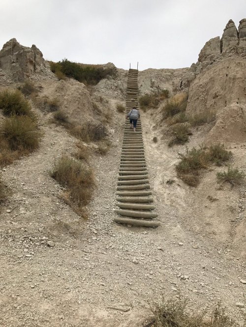 A person climbs a steep, wooden staircase leading up a rocky hillside, surrounded by sparse vegetation.