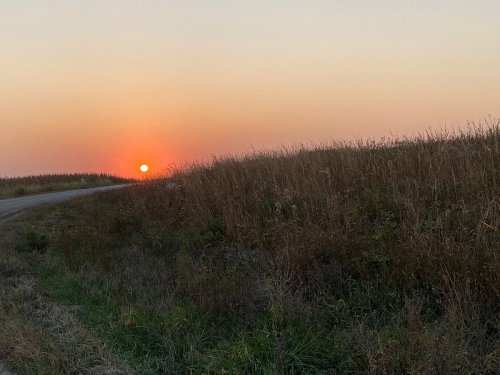 A serene sunset over a grassy field, with a winding road in the foreground and soft orange hues in the sky.