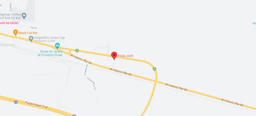 Map showing a location labeled "Pizza Joint" near Route 66 in Seligman, Arizona, with nearby landmarks.