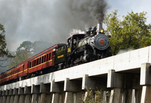 A vintage steam train with a black locomotive and red cars travels over a bridge, emitting smoke against a cloudy sky.