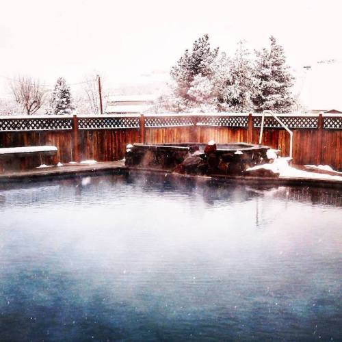 A serene hot spring surrounded by snow, with steam rising and a wooden fence in the background.