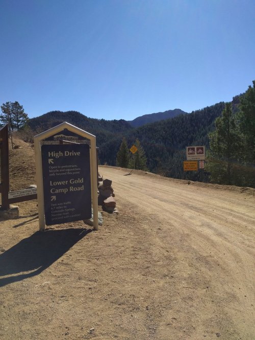 Signpost for High Drive and Lower Gold Camp Road, surrounded by trees and mountains under a clear blue sky.