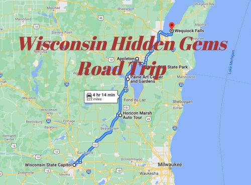 Map highlighting a road trip route to Wequok Falls, Wisconsin, featuring hidden gems and scenic stops.