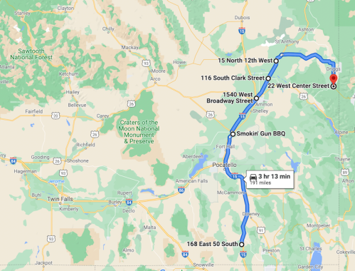 Map showing a route from Pocatello to Dingle, highlighting key streets and locations along the way.