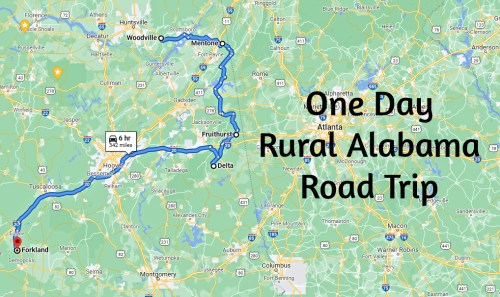 Map showing a one-day road trip route through rural Alabama, highlighting towns like Forkland, Mentone, and Fruithurst.