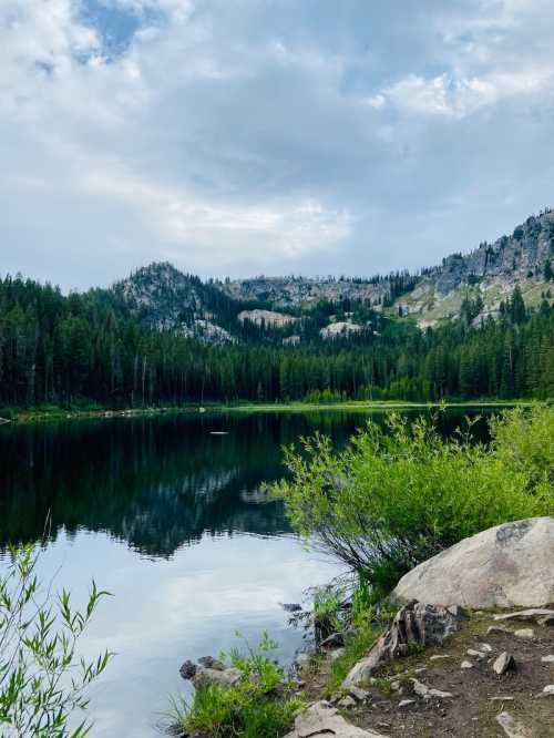 A serene lake surrounded by lush green trees and mountains under a cloudy sky, reflecting the landscape in the water.