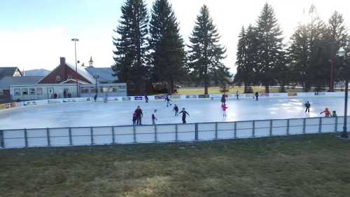 A busy outdoor ice skating rink with people skating, surrounded by trees and buildings in the background.