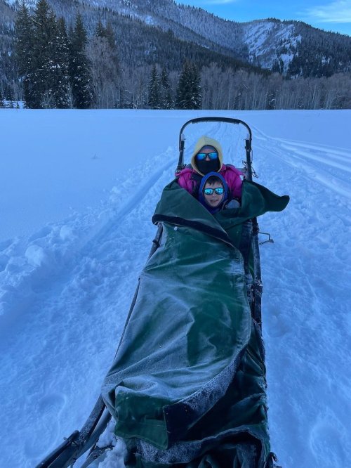 Two children bundled in a sled, wearing sunglasses, surrounded by snow-covered mountains and trees.