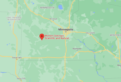 Map showing the location of Morton Outcrops Scientific and Natural Area near Minneapolis, Minnesota.