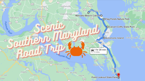 Map of a scenic road trip in Southern Maryland, highlighting attractions and a route to Point Lookout State Park.