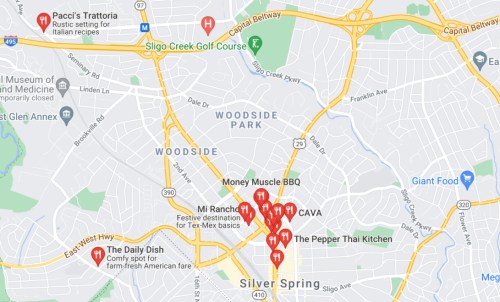 Map of Silver Spring, Maryland, highlighting restaurants and landmarks, including Woodside Park and Sligo Creek Golf Course.