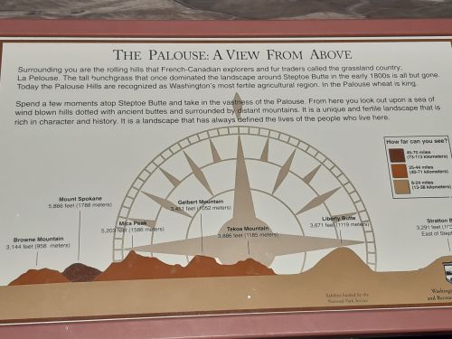 Informative sign about the Palouse region, featuring a landscape view and descriptions of notable hills and features.