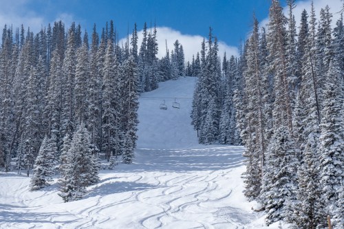 A snowy ski slope surrounded by tall evergreen trees under a clear blue sky, with a ski lift in the background.