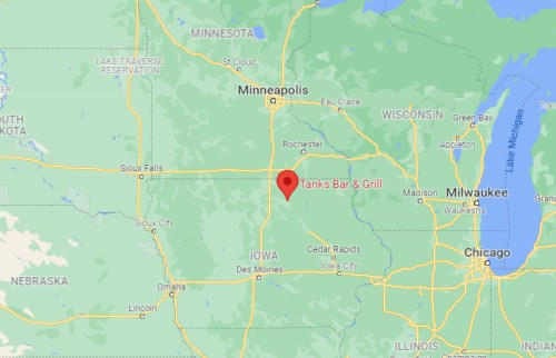 Map showing the location of Tanks Bar & Grill in South Dakota, near the border with Iowa.
