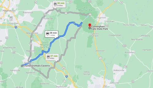 Map showing routes to Cunningham Falls State Park from Crystal Grottoes Caverns, with estimated travel times.