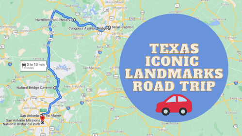 Map showing a road trip route through Texas, highlighting iconic landmarks like the Alamo and Hamilton Pool Preserve.