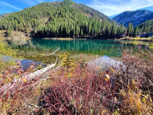 A serene lake surrounded by lush green mountains and colorful foliage under a clear blue sky.