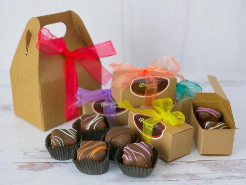 A variety of chocolate treats in decorative boxes and bags, tied with colorful ribbons on a light background.