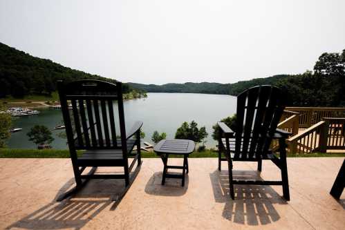 Two black rocking chairs and a small table overlook a serene lake surrounded by green hills on a sunny day.