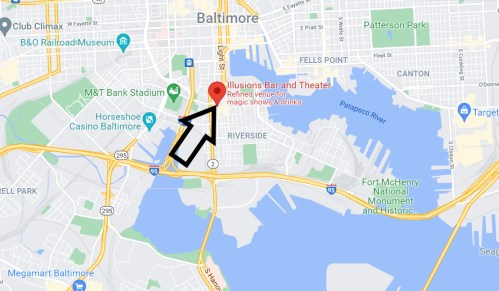 Map of Baltimore highlighting "Illusions Bar and Theater," a venue for magic shows and drinks, with nearby landmarks.