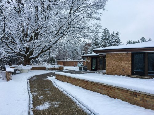 A snowy landscape featuring a path, a brick building, and a large tree with snow-covered branches.
