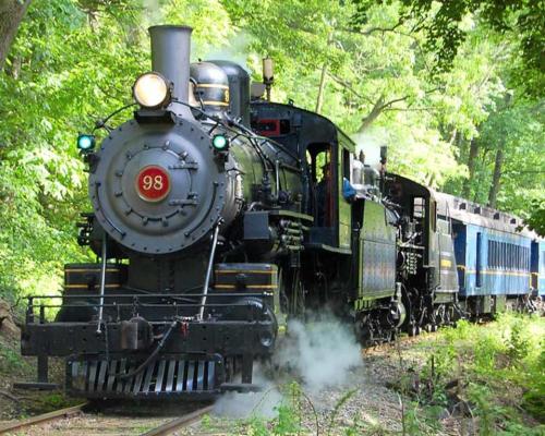 A vintage steam locomotive with a black engine and blue passenger cars, surrounded by lush green trees.