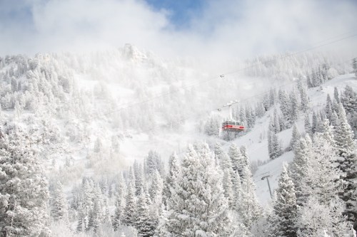 A red gondola glides through a snowy mountain landscape, surrounded by frosted trees and misty clouds.