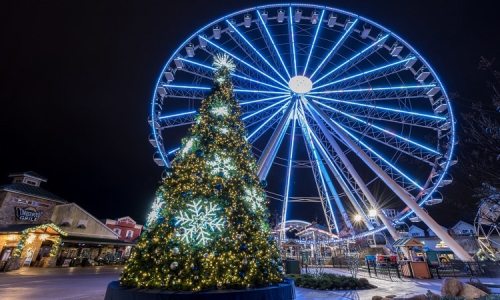 A brightly lit Christmas tree in front of a large, illuminated Ferris wheel at night.