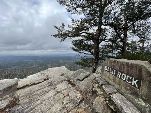 A rocky outcrop labeled "Bald Rock" overlooks a vast landscape under a cloudy sky, with trees in the foreground.