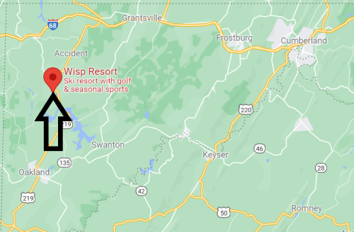 Map showing Wisp Resort location, a ski resort offering golf and seasonal sports, near Accident, Maryland.