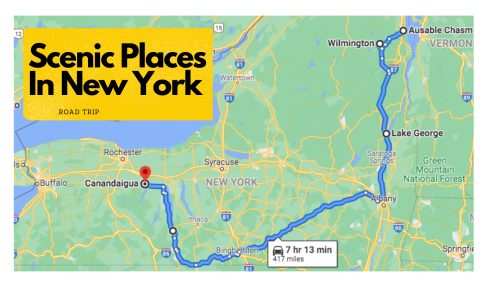 Map showing a road trip route through scenic places in New York, highlighting Canandaigua, Lake George, and Wilmington.