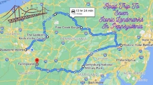 Map showing a road trip route to seven iconic landmarks in Pennsylvania, including Fallingwater and Gettysburg.