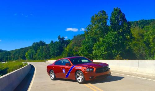 A red police car parked on a winding road surrounded by green trees and a clear blue sky.