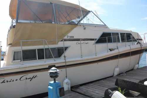 A white and brown Chris-Craft boat docked at a marina, with a canopy and wooden deck.