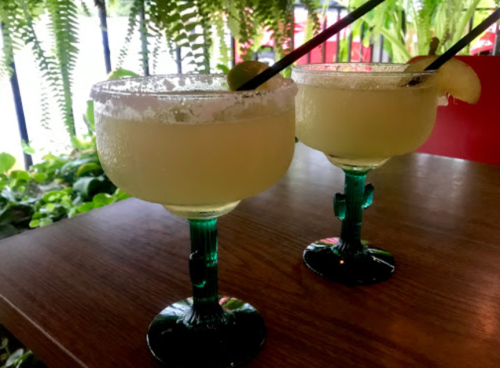 Two margaritas with salt rims and garnishes, served in green glasses on a wooden table, surrounded by greenery.