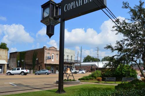 A street view of Copiah County with a clock tower, historic buildings, and greenery under a partly cloudy sky.